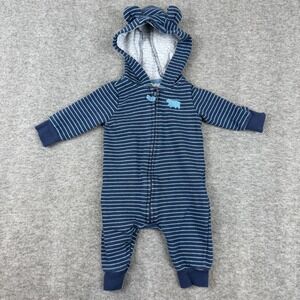 Carter's Hooded Romper Baby 3M Blue Striped Bear Ears Fleece Lined Jumpsuit